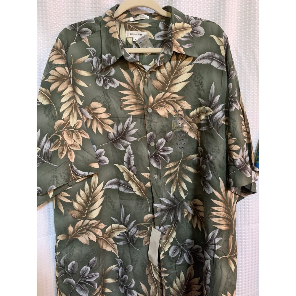 Pierre Cardin Mens XL‎ Olive Green Tropical Leaf Rayon Short Sleeve Shirt NEW